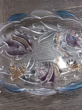 Clear Glass Ocean Fish Serving Platter with Blue Trim  -8 By 10
